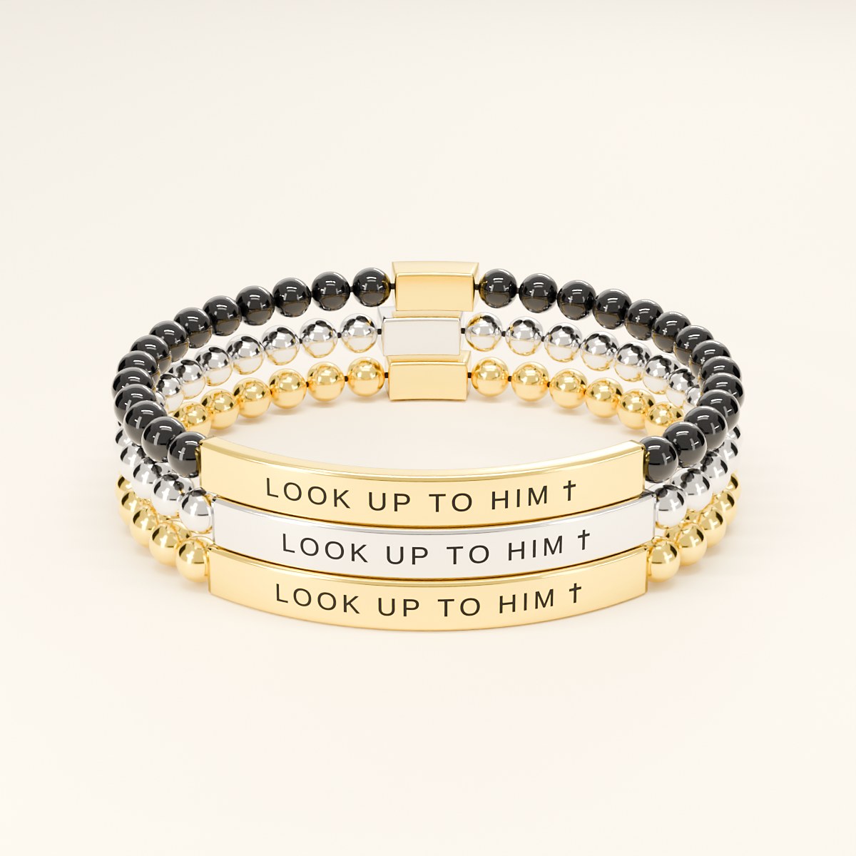 Three Look Up to Him bracelets stacked