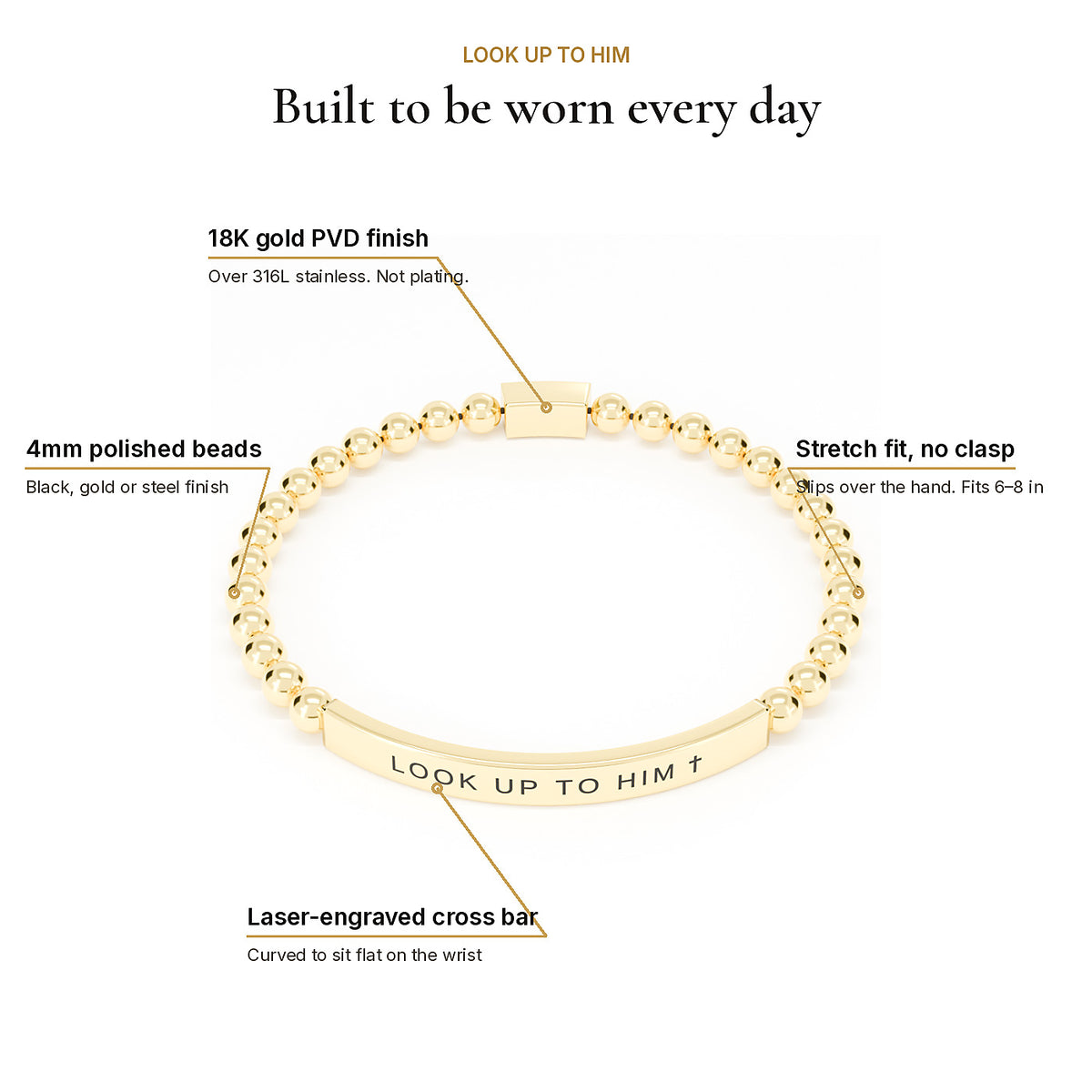 Infographic: 18K gold PVD over stainless steel, 4mm polished beads, stretch fit with no clasp, laser-engraved cross bar