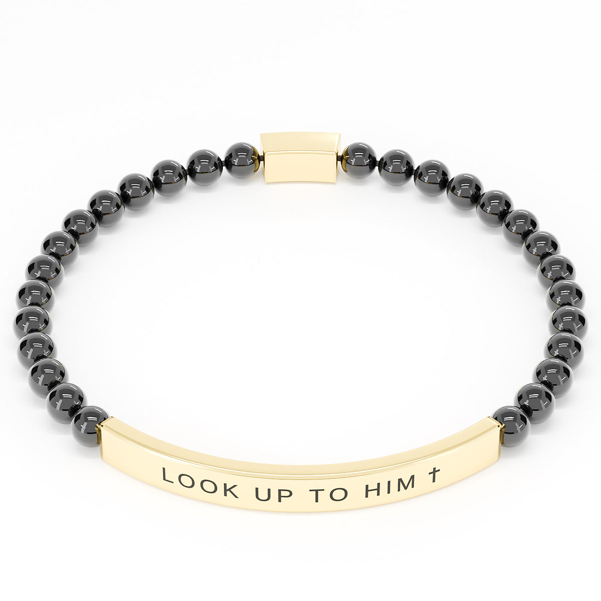 Look Up to Him cross bracelet in Black & Gold on white: black 4mm beads with a curved gold engraved bar