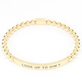 Look Up to Him cross bracelet in Gold on white: 18K gold PVD beads and engraved bar