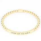 Look Up to Him cross bracelet in Gold on white: 18K gold PVD beads and engraved bar