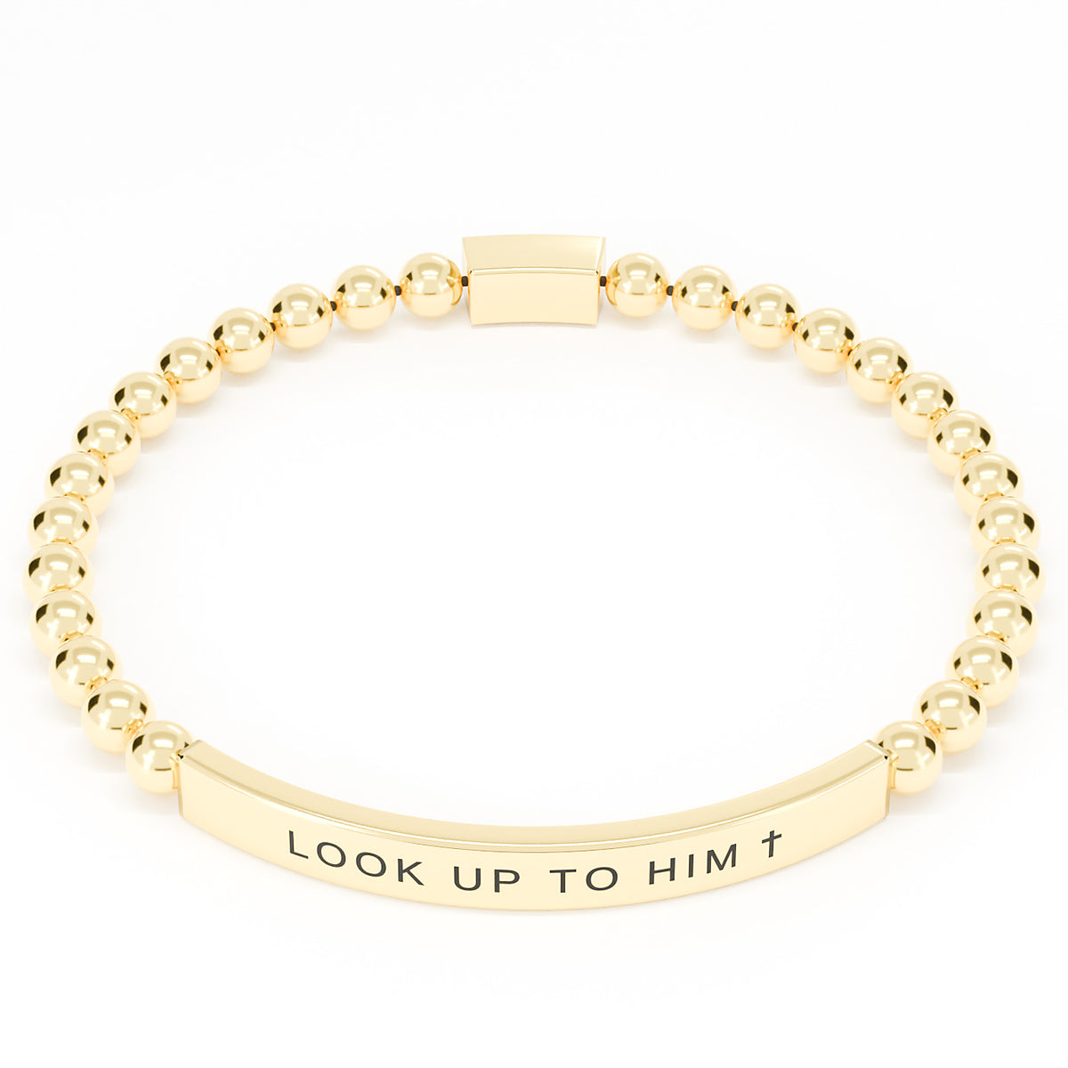 Look Up to Him cross bracelet in Gold on white: 18K gold PVD beads and engraved bar