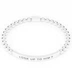 Look Up to Him cross bracelet in Silver on white: polished stainless steel beads and engraved bar