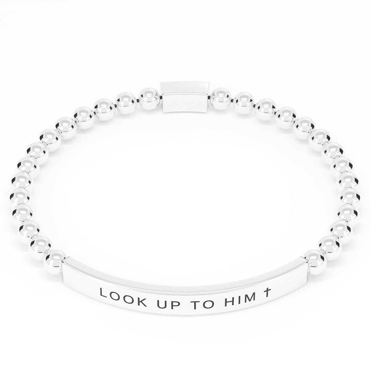 Look Up to Him cross bracelet in Silver on white: polished stainless steel beads and engraved bar