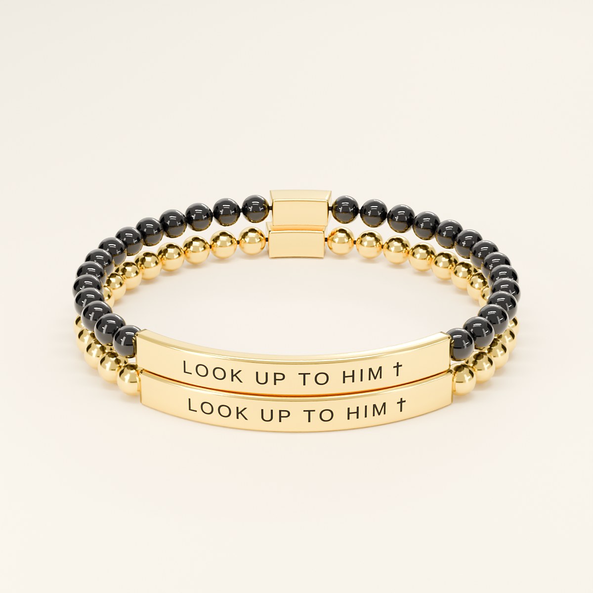 His and hers Look Up to Him bracelets: Black & Gold with Gold