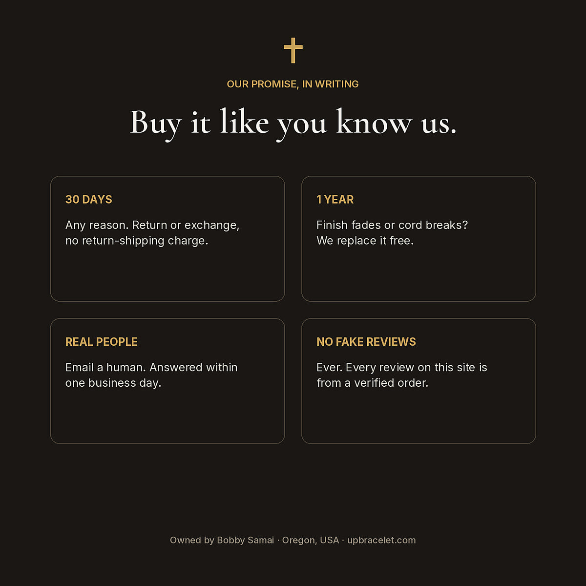 Our promise in writing: 30-day returns, 1-year guarantee, real people answer, no fake reviews