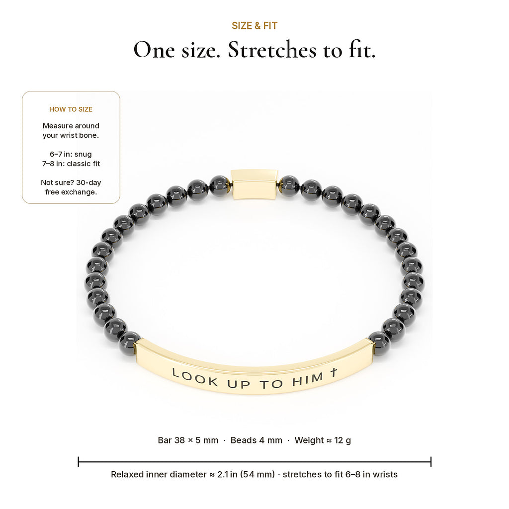 Size and fit: one size stretch bracelet fits 6 to 8 inch wrists, 4mm beads, 38mm bar